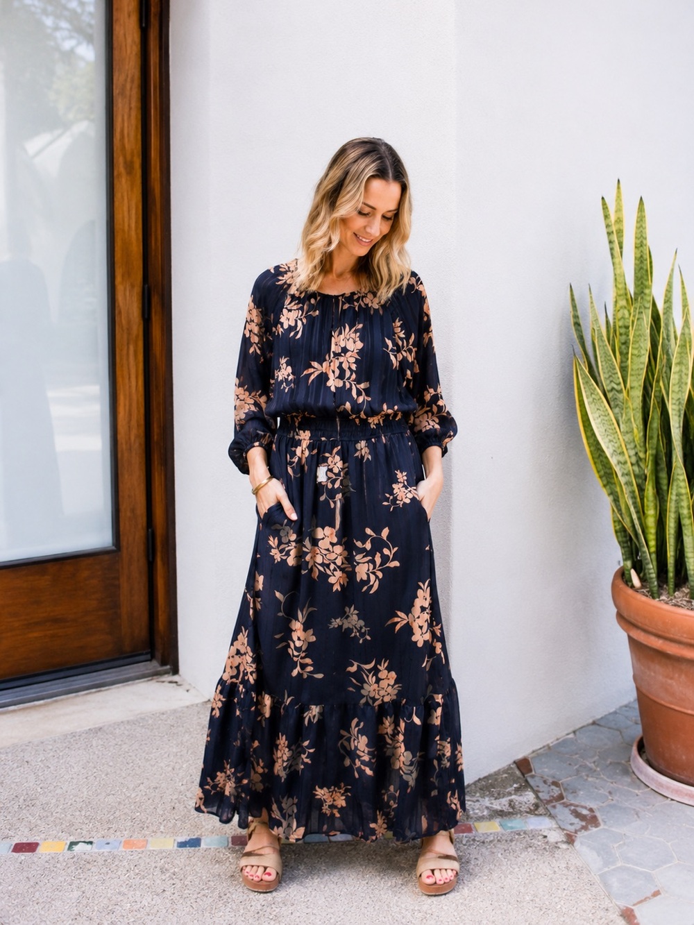 APRICOT Navy Maxi Dress with Tan Floral Print BNWT